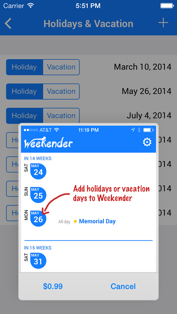 Weekender app holidays and vacation days in-app purchase