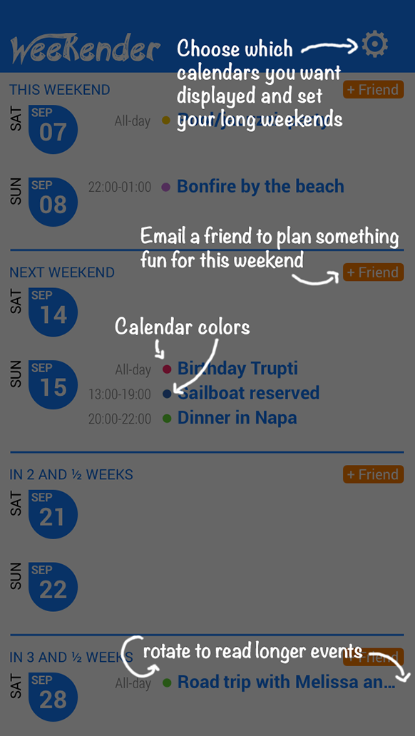 Weekender app intro screenshot